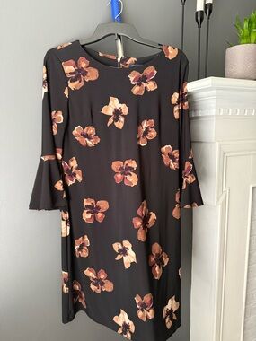 Black Floral Shift Dress with Bell Sleeves